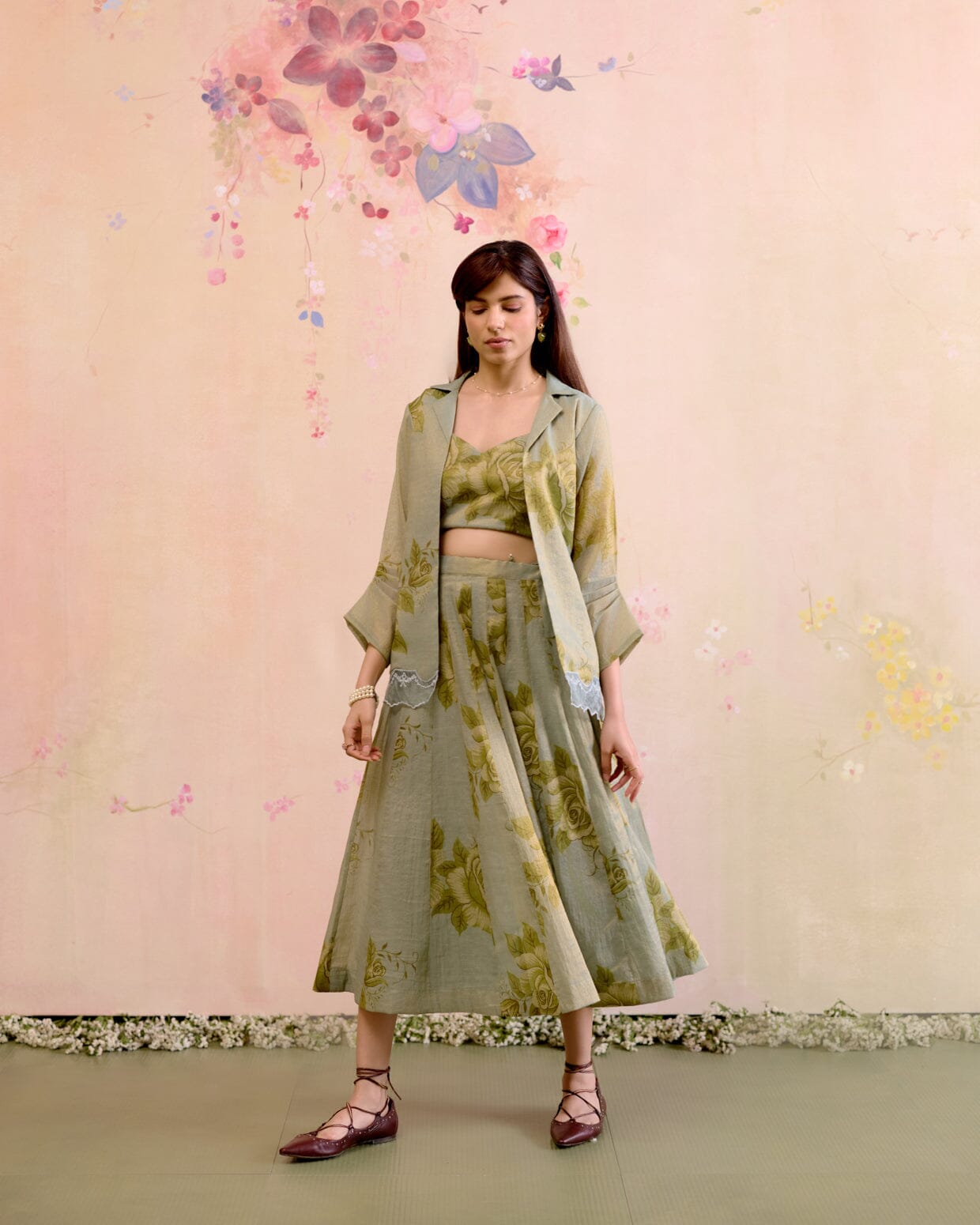 PRINTED TISSUE BLUE SKIRT & BLAZER-SET OF 3( BLOUSE,BLAZER & SKIRT) Naaz By Noor 