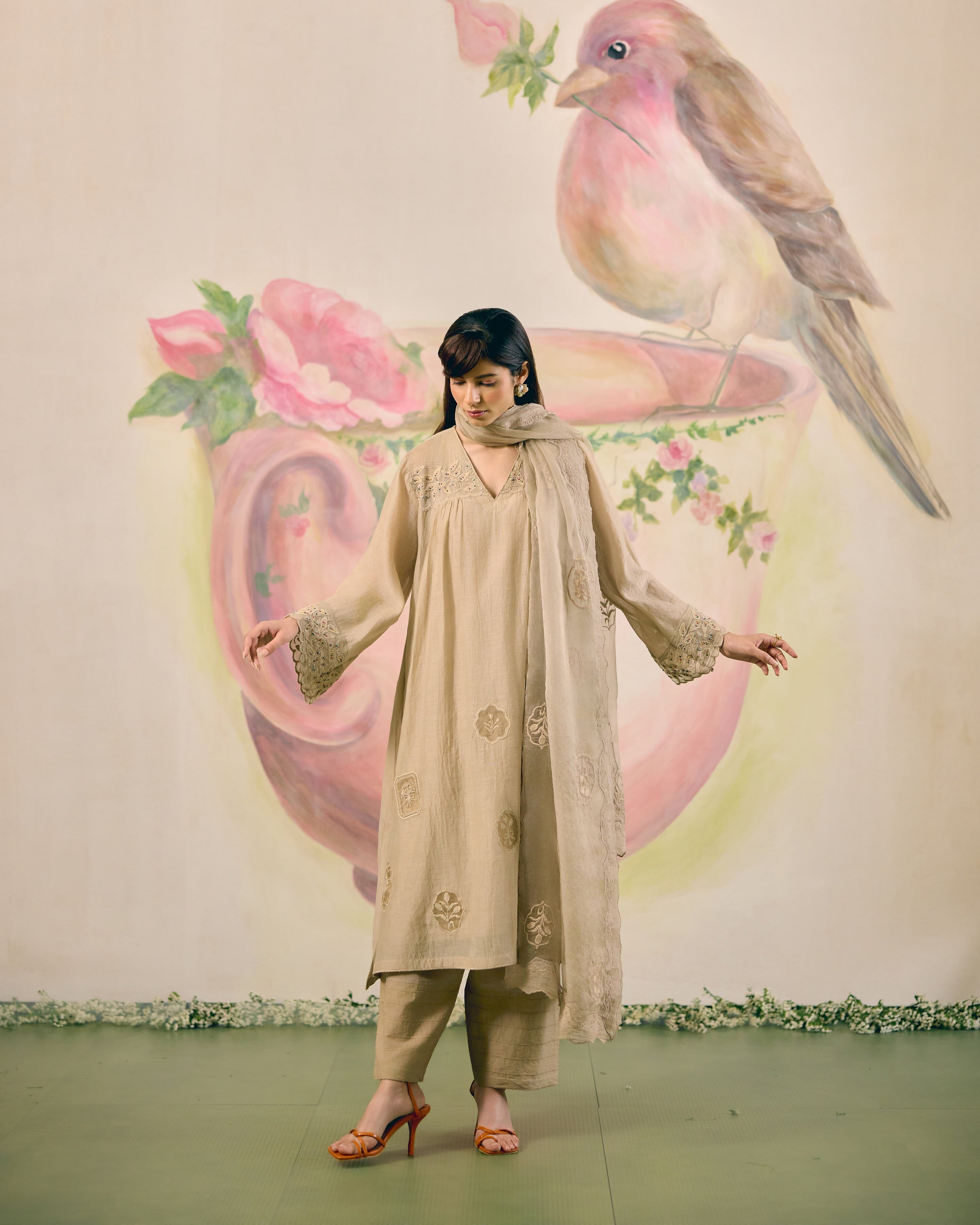 PRINTED TISSUE BLUE SKIRT & BLAZER-SET OF 3( BLOUSE,BLAZER & SKIRT) Naaz By Noor 