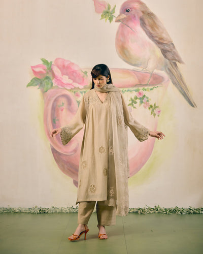 PRINTED TISSUE BLUE SKIRT & BLAZER-SET OF 3( BLOUSE,BLAZER & SKIRT) Naaz By Noor 