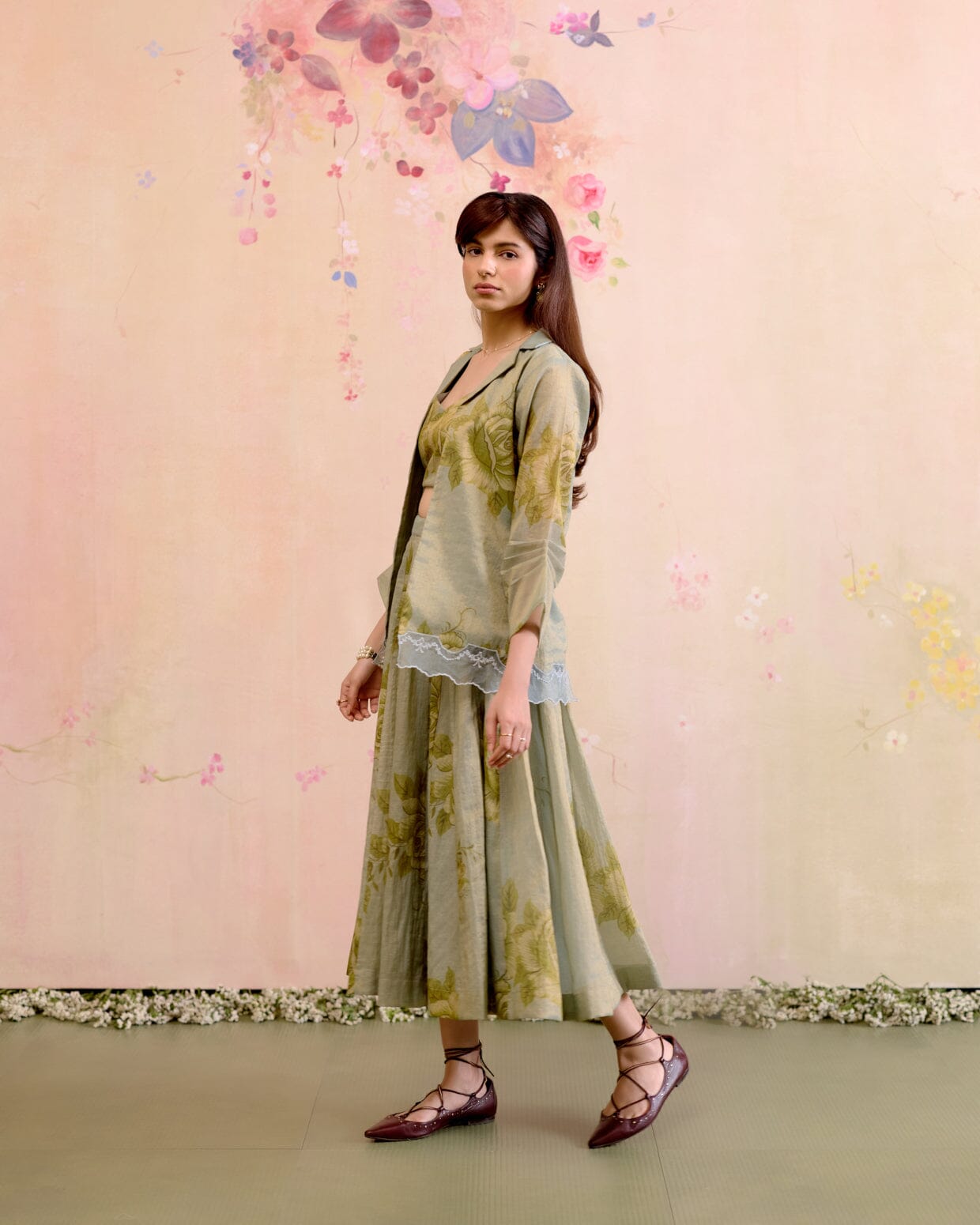 PRINTED TISSUE BLUE SKIRT & BLAZER-SET OF 3( BLOUSE,BLAZER & SKIRT) Naaz By Noor 