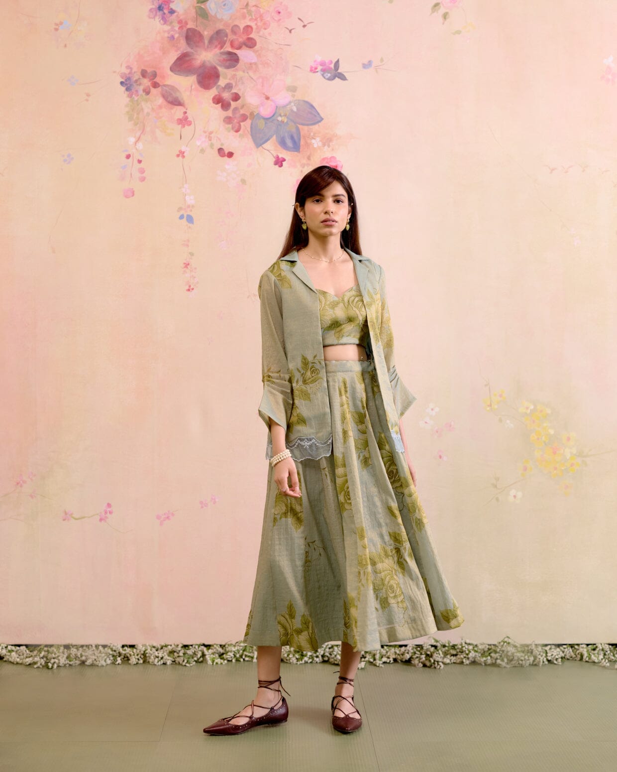 PRINTED TISSUE BLUE SKIRT & BLAZER-SET OF 3( BLOUSE,BLAZER & SKIRT) Naaz By Noor 