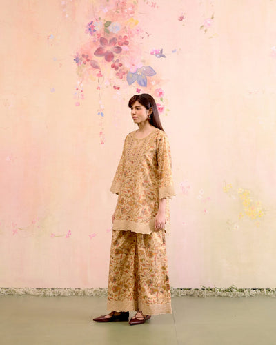 PRINTED TISSUE GOLD CORD SET- SET OF 2( KURTA & PANT) Naaz By Noor 