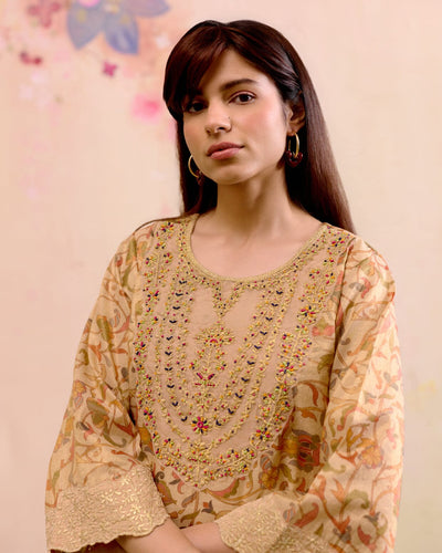 PRINTED TISSUE GOLD CORD SET- SET OF 2( KURTA & PANT) Naaz By Noor 