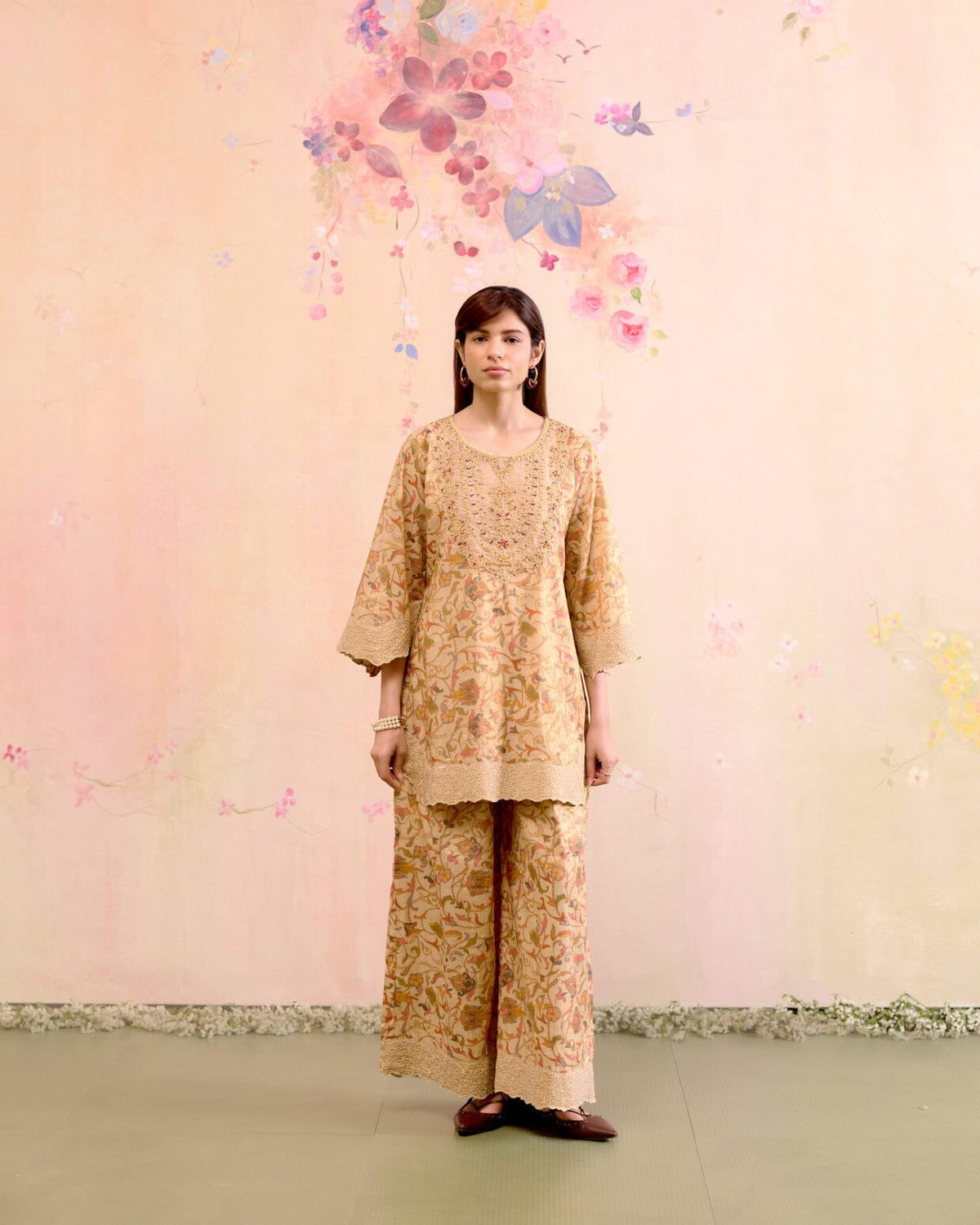 PRINTED TISSUE GOLD CORD SET- SET OF 2( KURTA & PANT) Naaz By Noor 