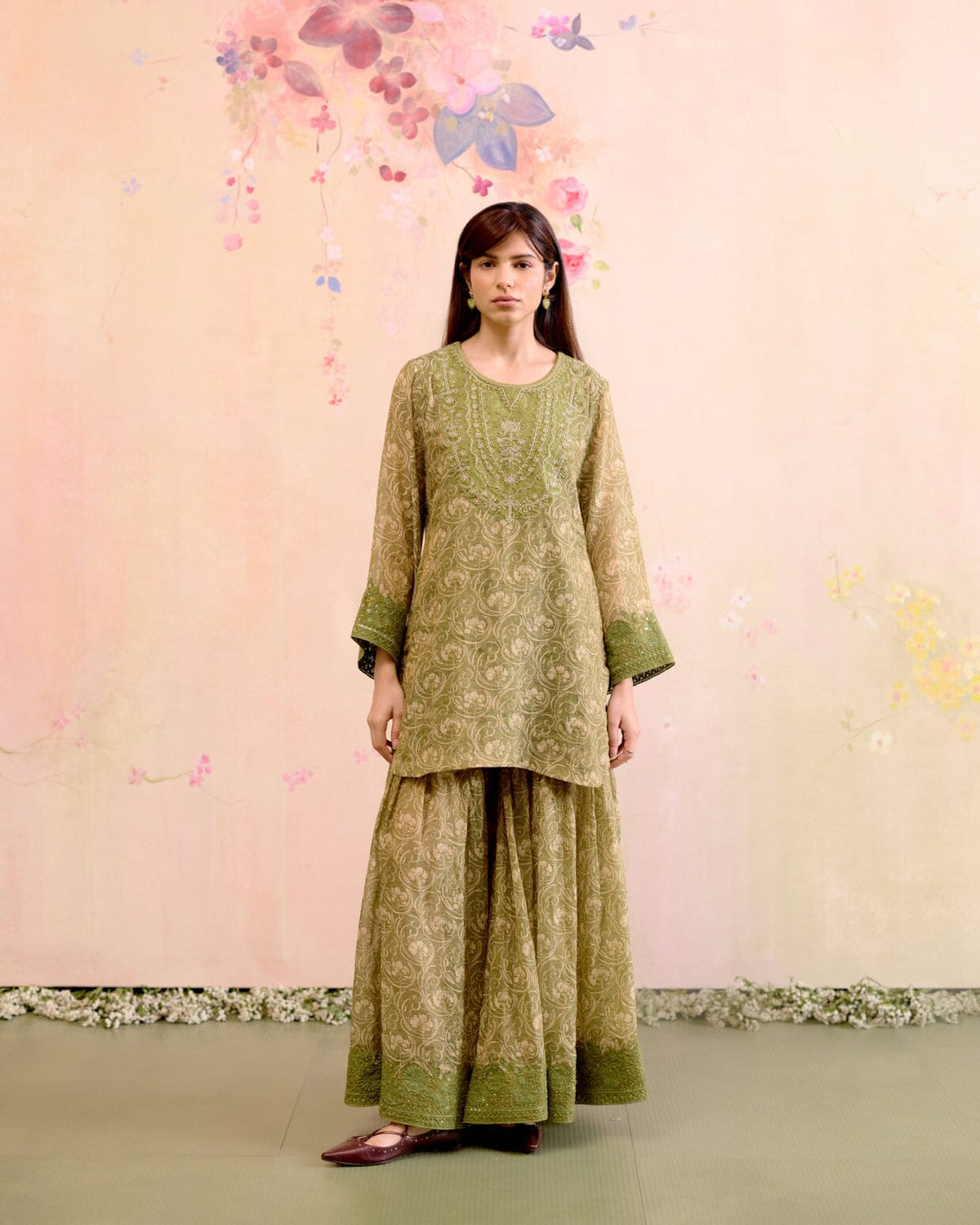 PRINTED TISSUE GREEN CORD-SET - SET OF 2 ( KURTA & SHARARA) Naaz By Noor 