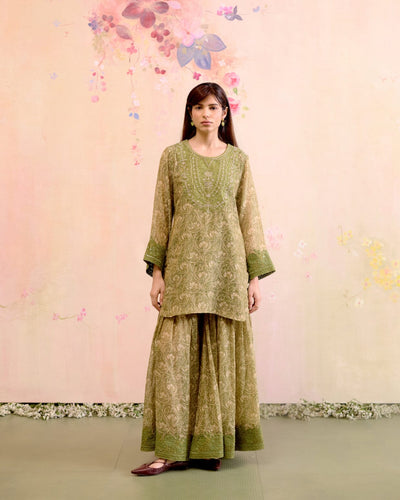 PRINTED TISSUE GREEN CORD-SET - SET OF 2 ( KURTA & SHARARA) Naaz By Noor 