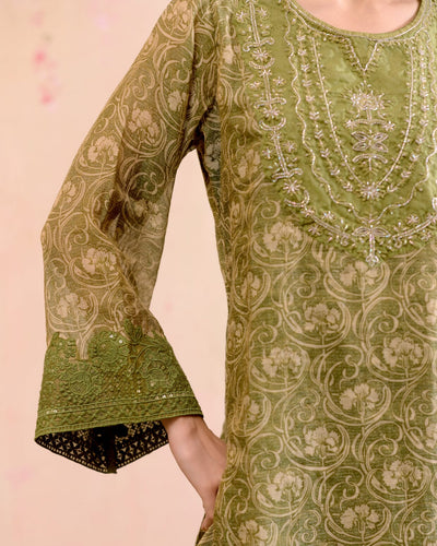 PRINTED TISSUE GREEN CORD-SET - SET OF 2 ( KURTA & SHARARA) Naaz By Noor 