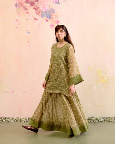 PRINTED TISSUE GREEN CORD-SET - SET OF 2 ( KURTA & SHARARA) Naaz By Noor 