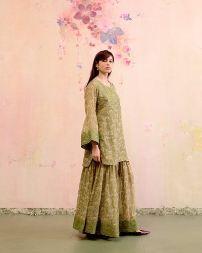PRINTED TISSUE GREEN CORD-SET - SET OF 2 ( KURTA & SHARARA) Naaz By Noor 