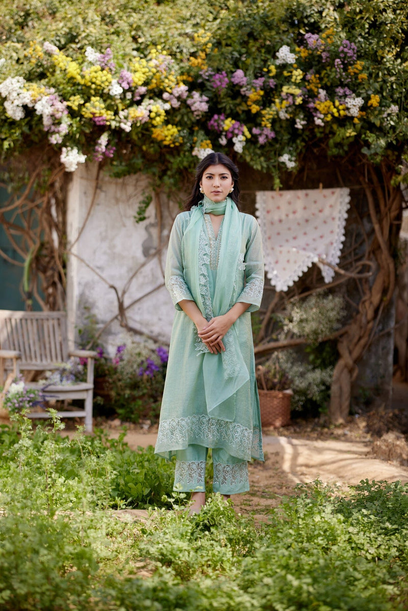 ROSA GREEN fields- set of 3 ( kurta, pant & dupatta) Naaz By Noor 