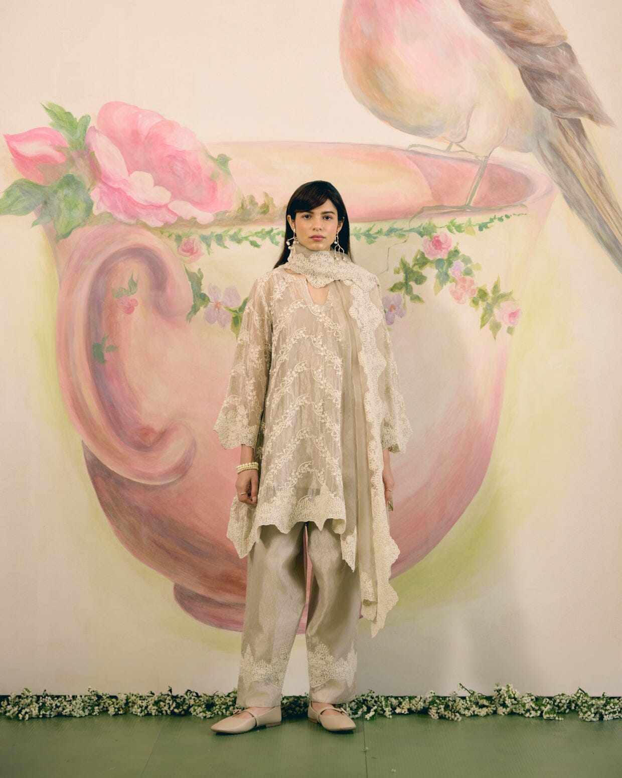SILVER GREY TISSUE- SET OF 3( KURTA, PANT & DUPATTA) Naaz By Noor 