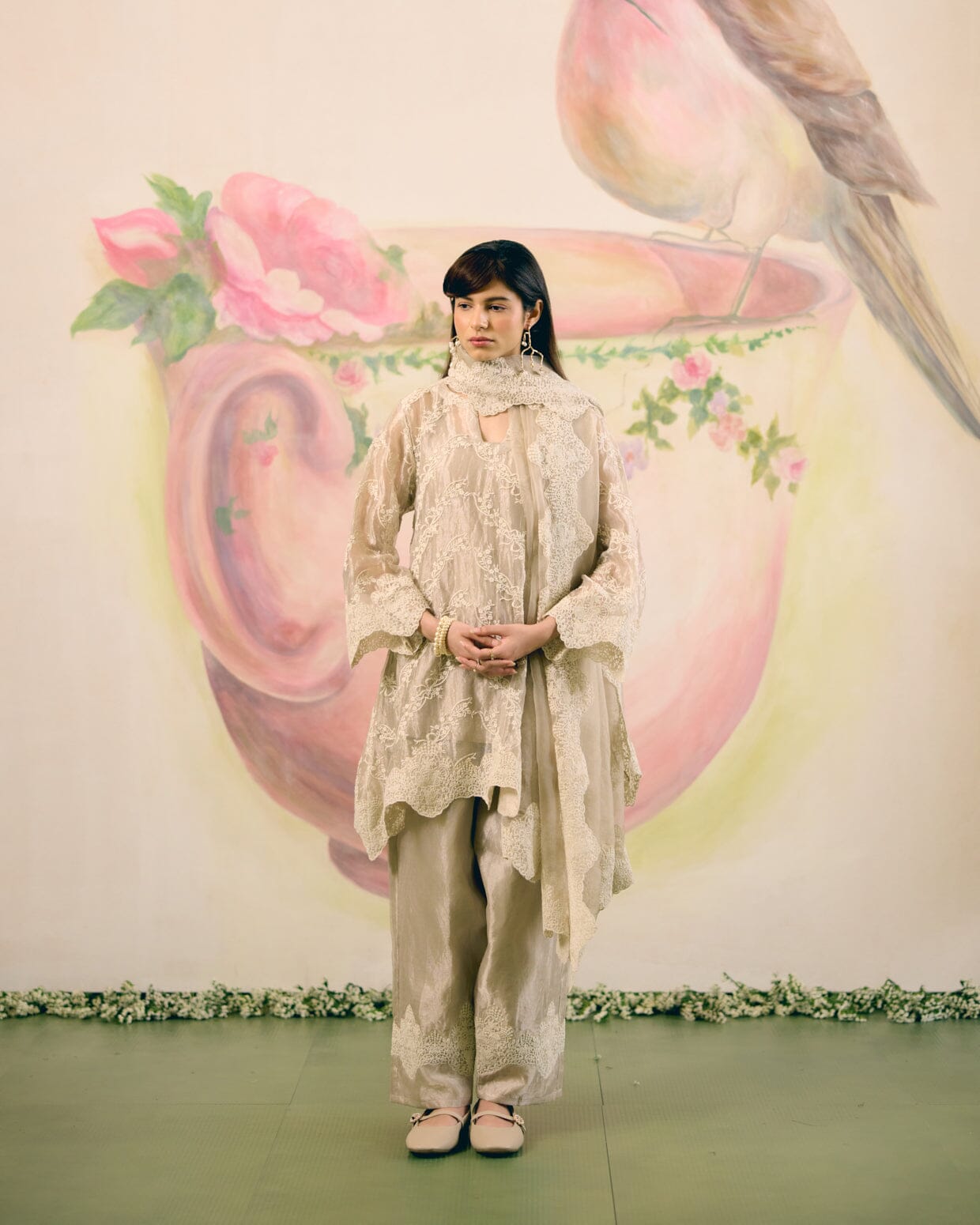 SILVER GREY TISSUE- SET OF 3( KURTA, PANT & DUPATTA) Naaz By Noor 