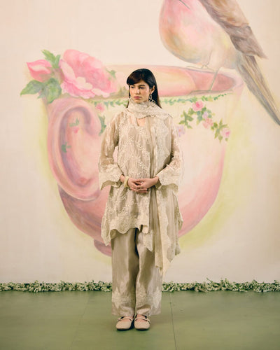SILVER GREY TISSUE- SET OF 3( KURTA, PANT & DUPATTA) Naaz By Noor 