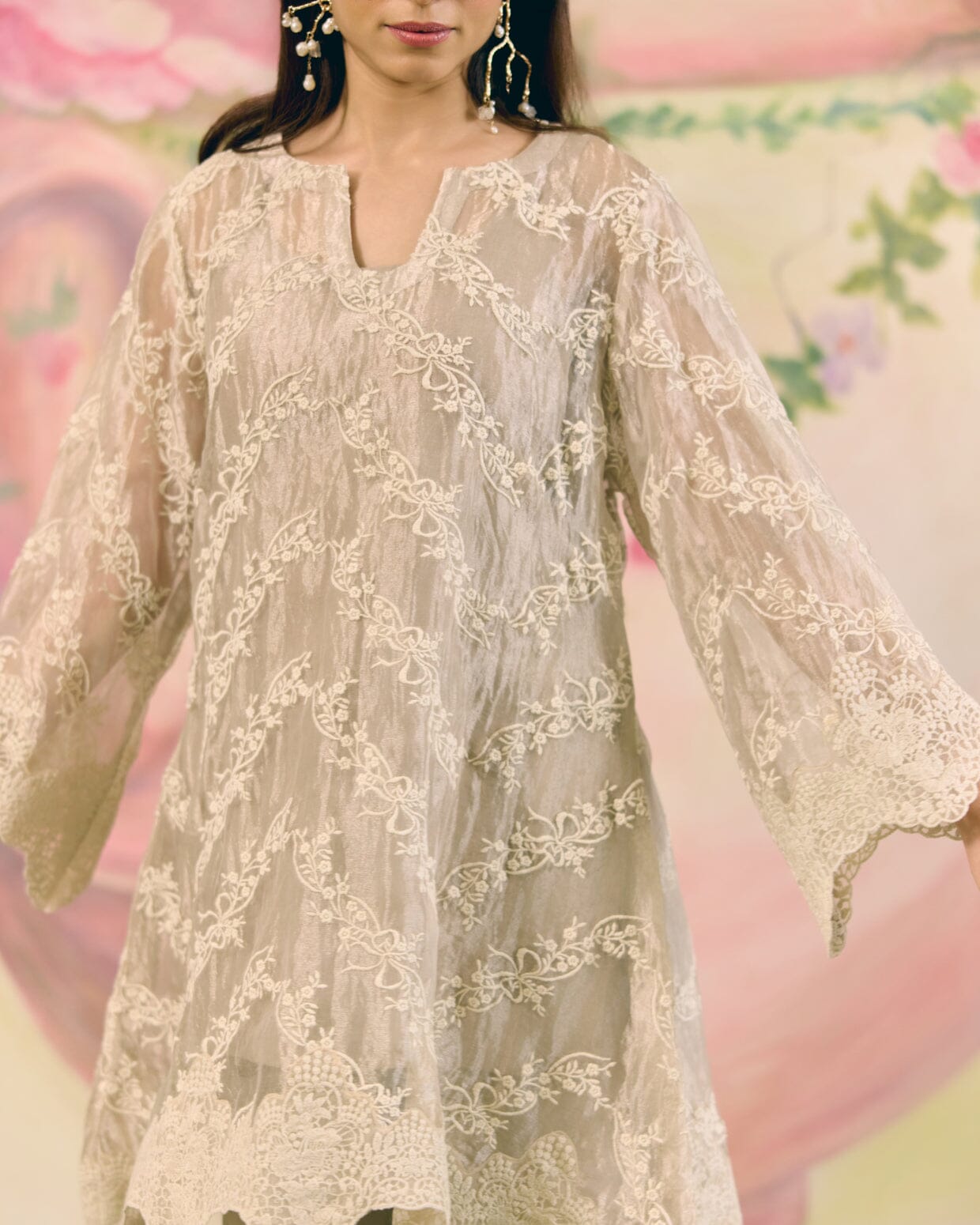 SILVER GREY TISSUE- SET OF 3( KURTA, PANT & DUPATTA) Naaz By Noor 