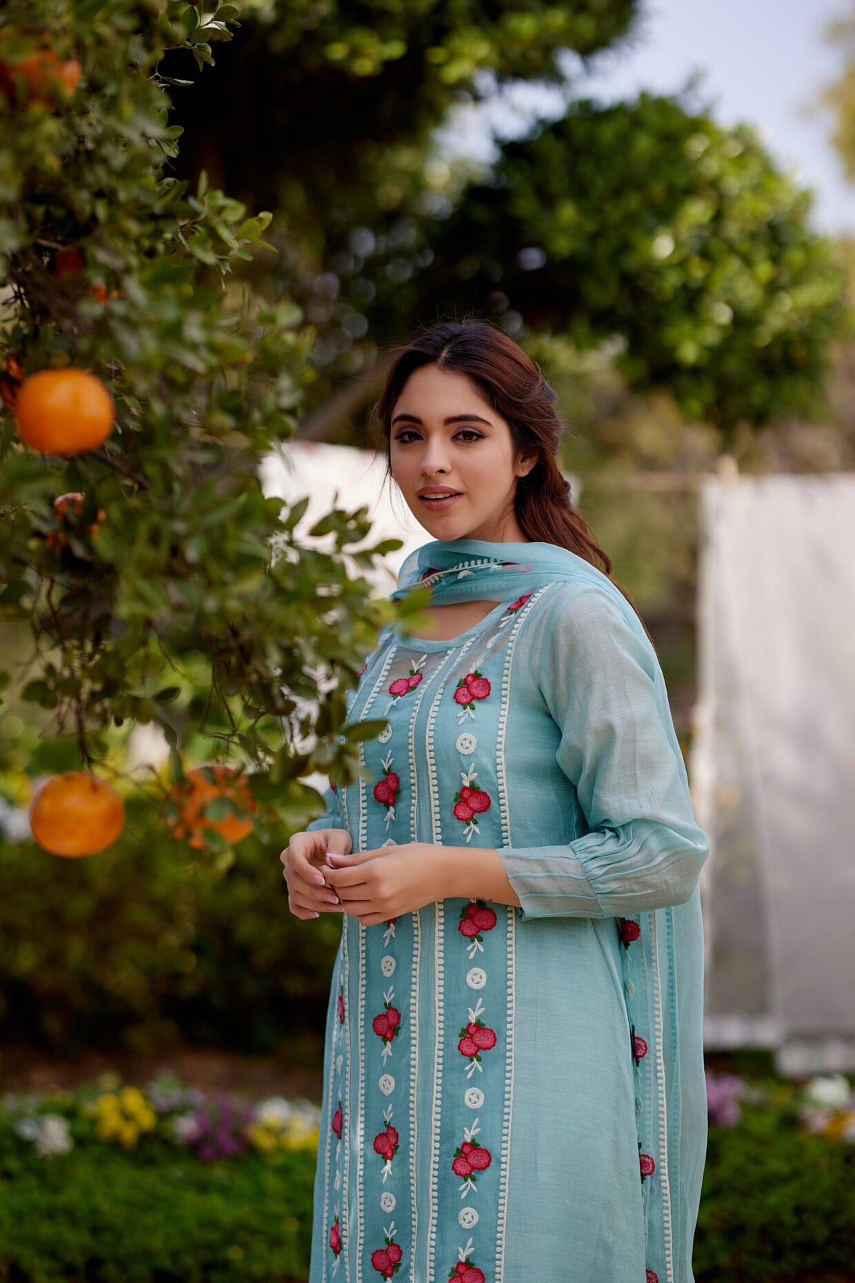 TURQUOISE JADE VINE fields-set of 3 ( kurta, pant & dupatta) Naaz By Noor 