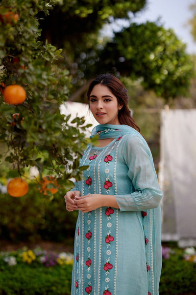 TURQUOISE JADE VINE fields-set of 3 ( kurta, pant & dupatta) Naaz By Noor 