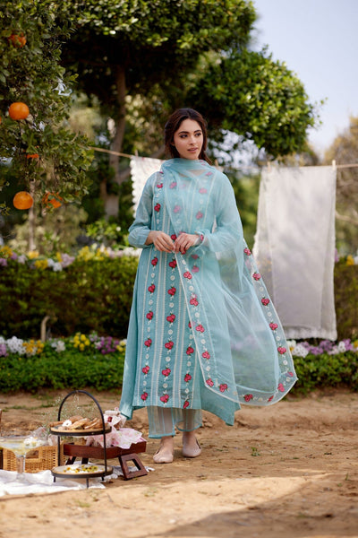 TURQUOISE JADE VINE fields-set of 3 ( kurta, pant & dupatta) Naaz By Noor 