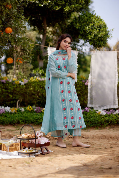TURQUOISE JADE VINE fields-set of 3 ( kurta, pant & dupatta) Naaz By Noor 