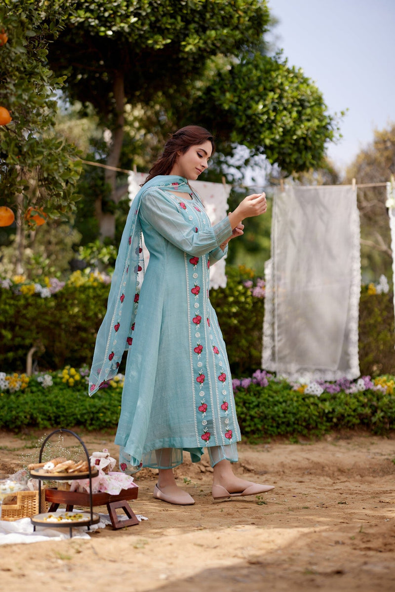 TURQUOISE JADE VINE fields-set of 3 ( kurta, pant & dupatta) Naaz By Noor 