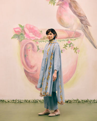 VINTAGE GREYISH BLUE- SET OF 3( KURTA, PANT & DUPATTA) Naaz By Noor 