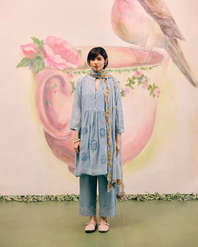 VINTAGE GREYISH BLUE- SET OF 3( KURTA, PANT & DUPATTA) Naaz By Noor 