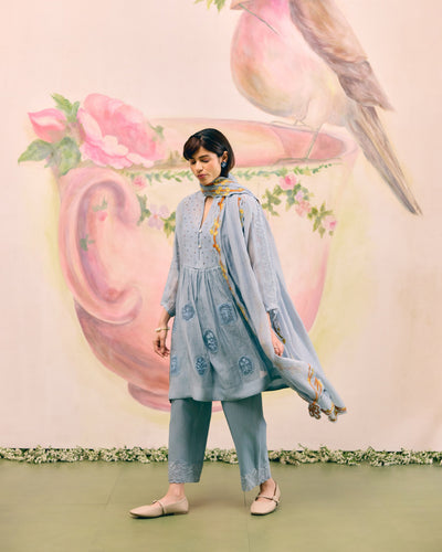 VINTAGE GREYISH BLUE- SET OF 3( KURTA, PANT & DUPATTA) Naaz By Noor 