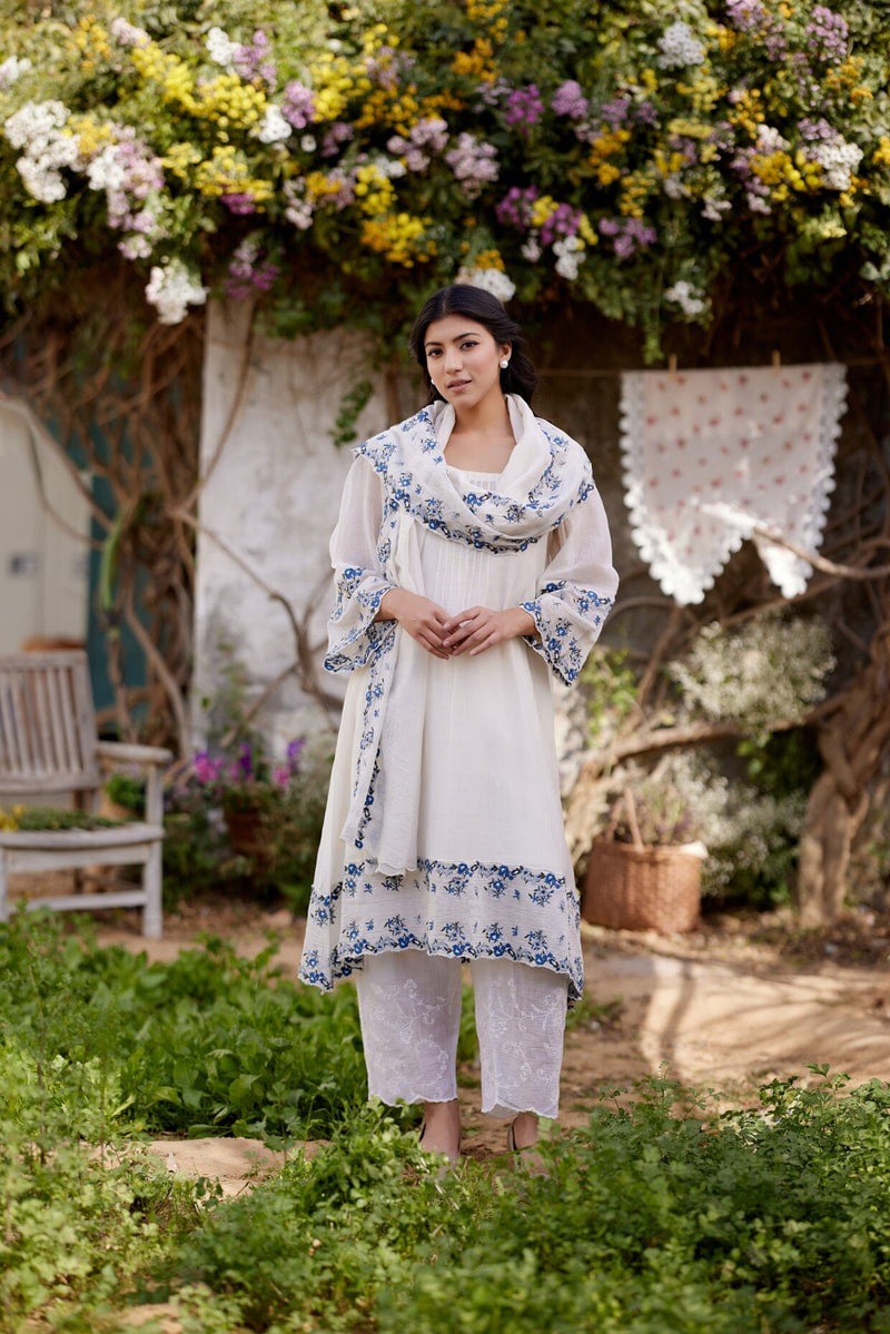 WHITE DAISY fields-set of 3 (A- line kurta, pant & dupatta) Naaz By Noor 