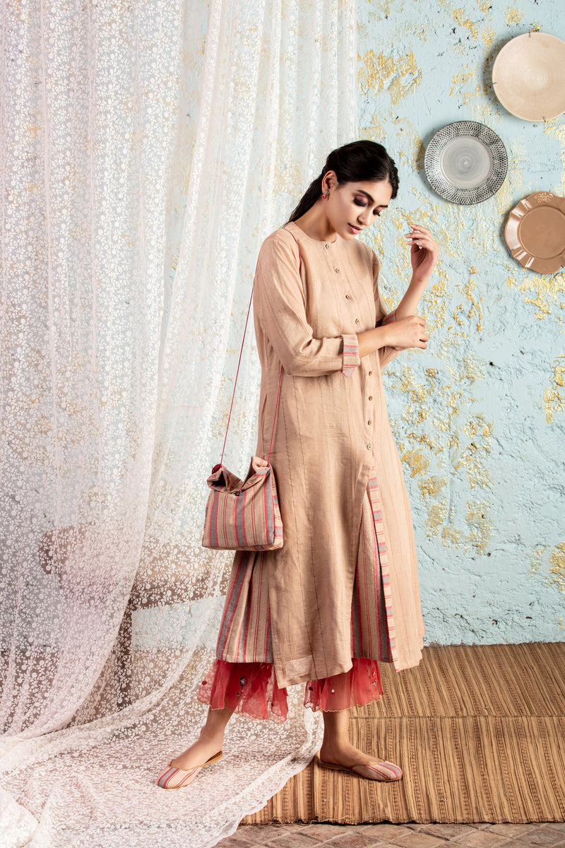 Beige Kurta With Frill Pants - Naaz By Noor