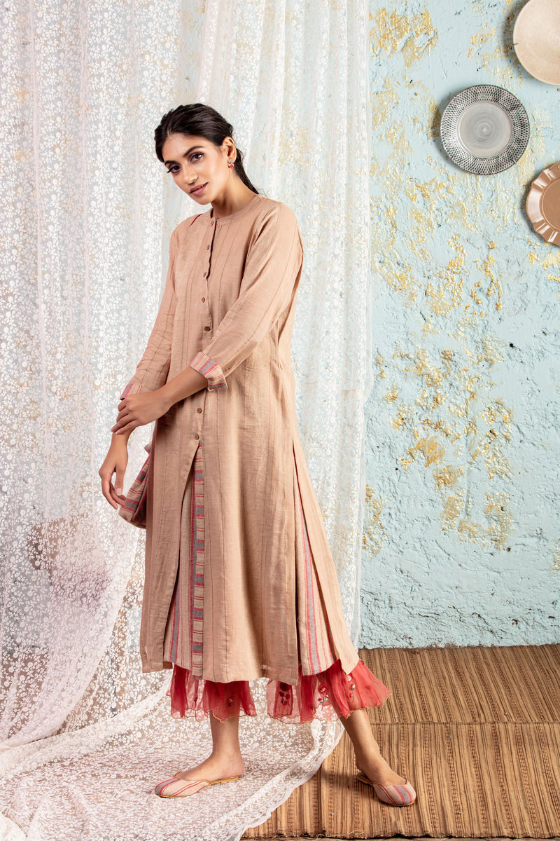 Beige Kurta With Frill Pants - Naaz By Noor