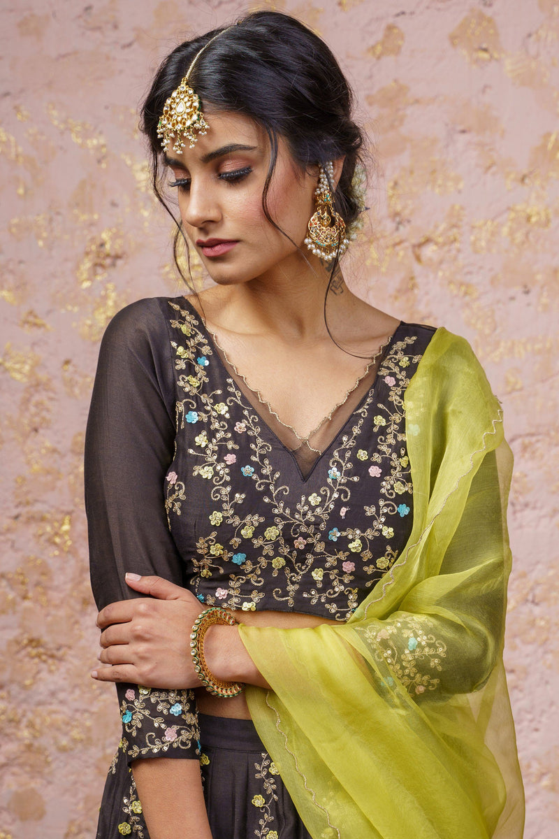 Black Lehenga Set With Yellow Dupatta - Naaz By Noor
