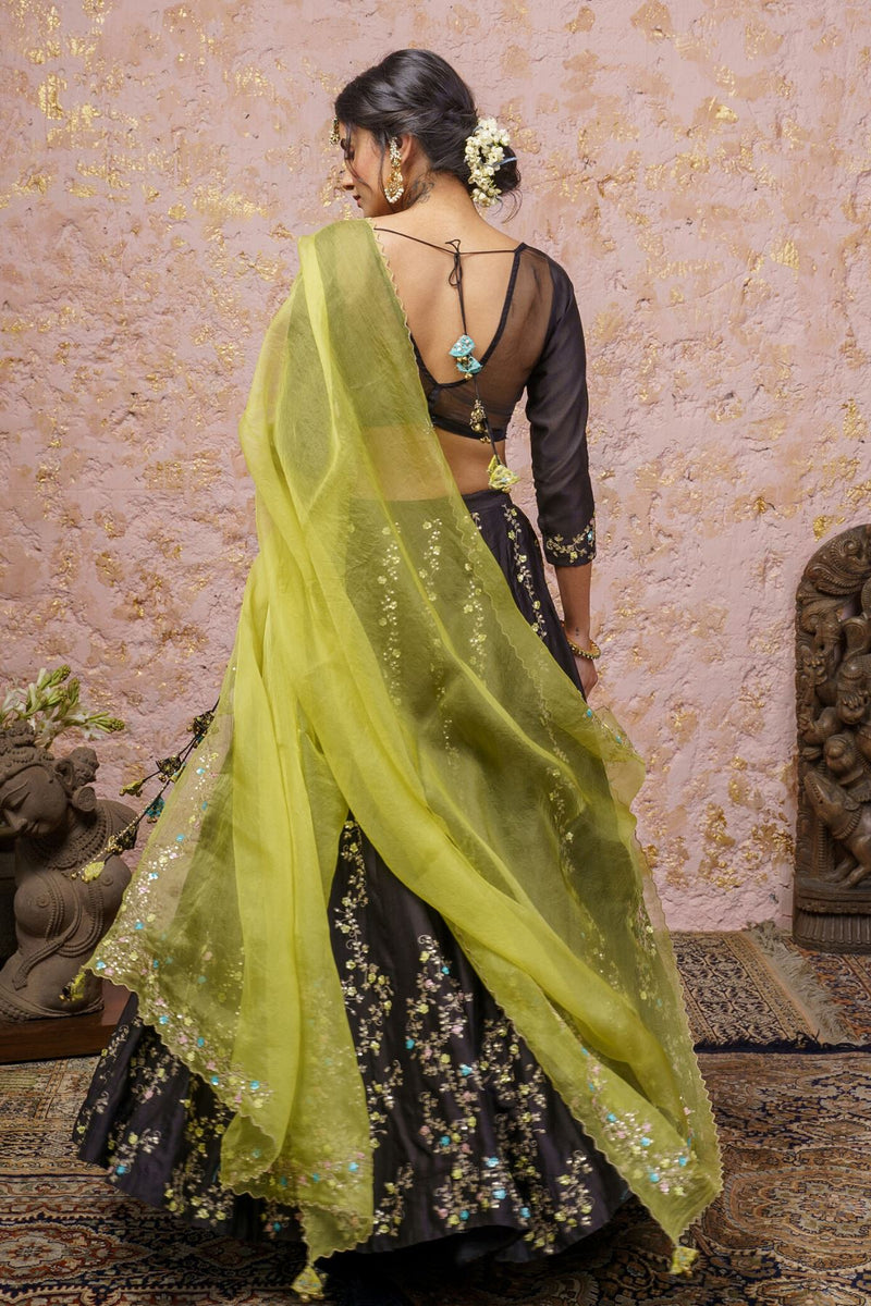 Black Lehenga Set With Yellow Dupatta - Naaz By Noor