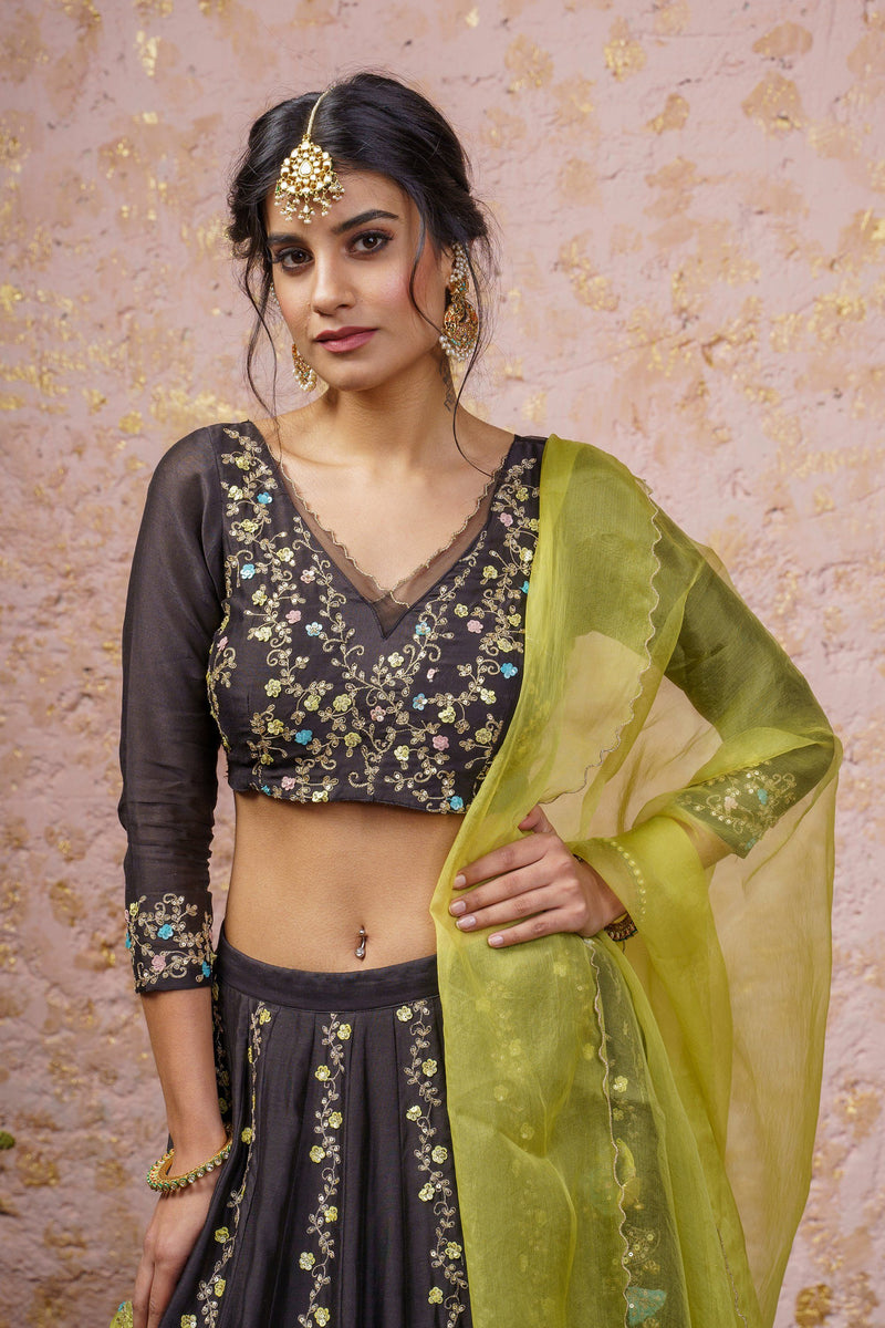 Black Lehenga Set With Yellow Dupatta - Naaz By Noor
