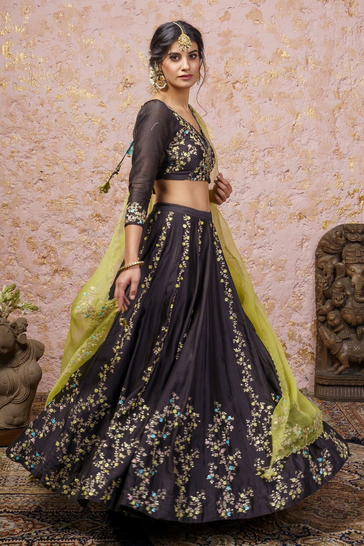 Black Lehenga Set With Yellow Dupatta - Naaz By Noor