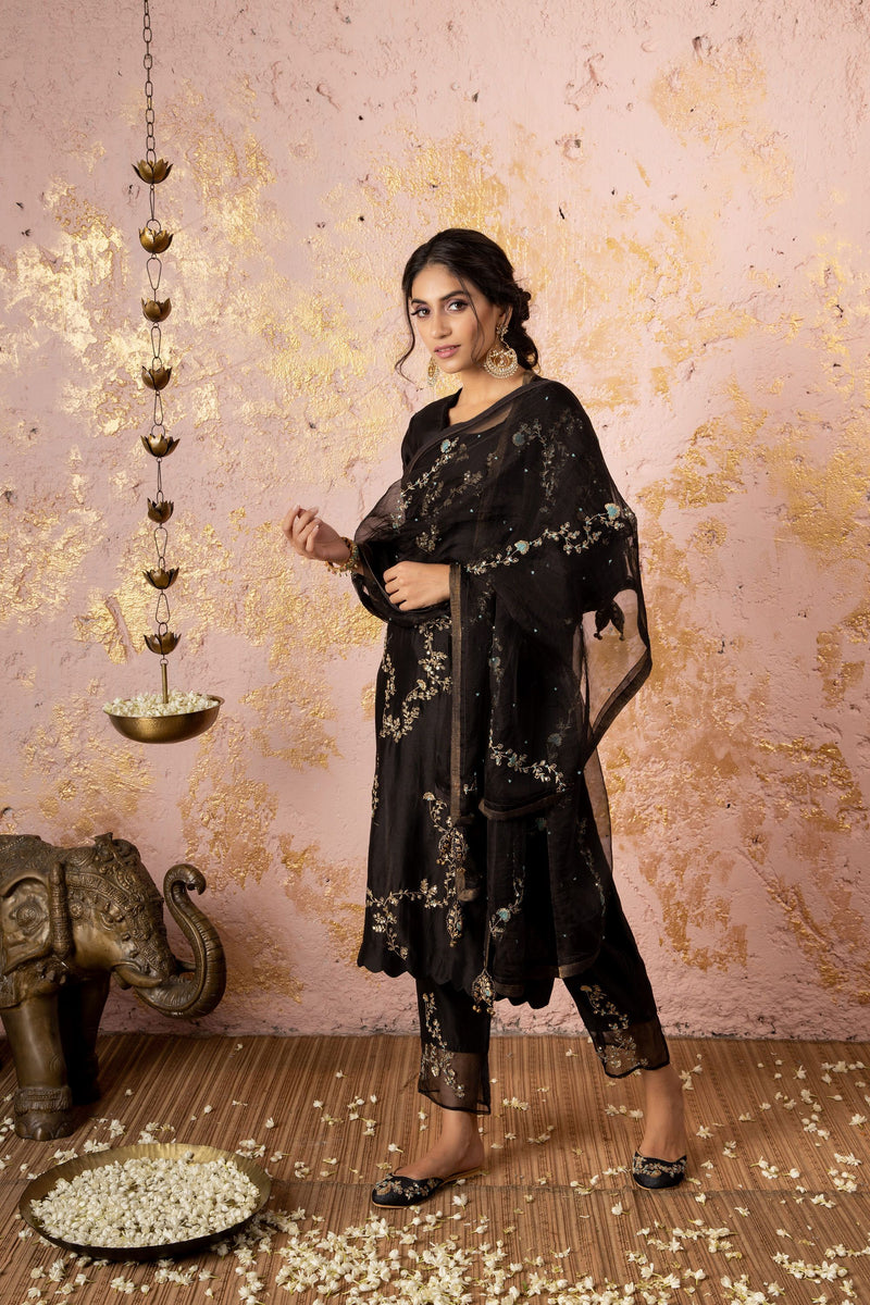 Black Straight KurtaSet With Organza Dupatta - Naaz By Noor