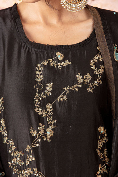 Black Straight KurtaSet With Organza Dupatta - Naaz By Noor