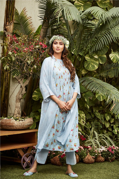 Blue kurta and pant with cape - Naaz By Noor