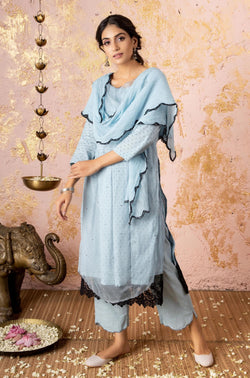 Blue Kurta With Straight Pants And Stole - Naaz By Noor