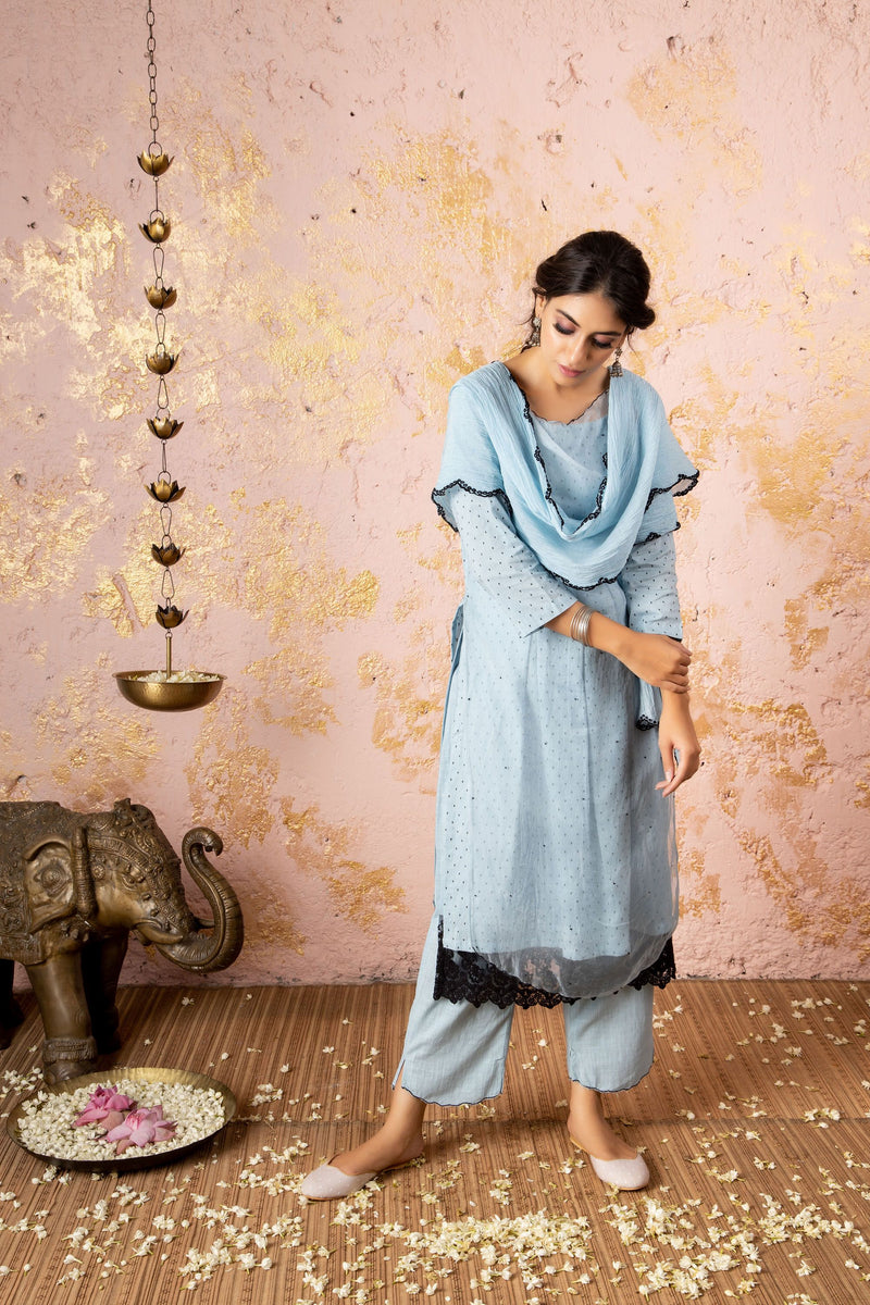 Blue Kurta With Straight Pants (Without Stole) - Naaz By Noor