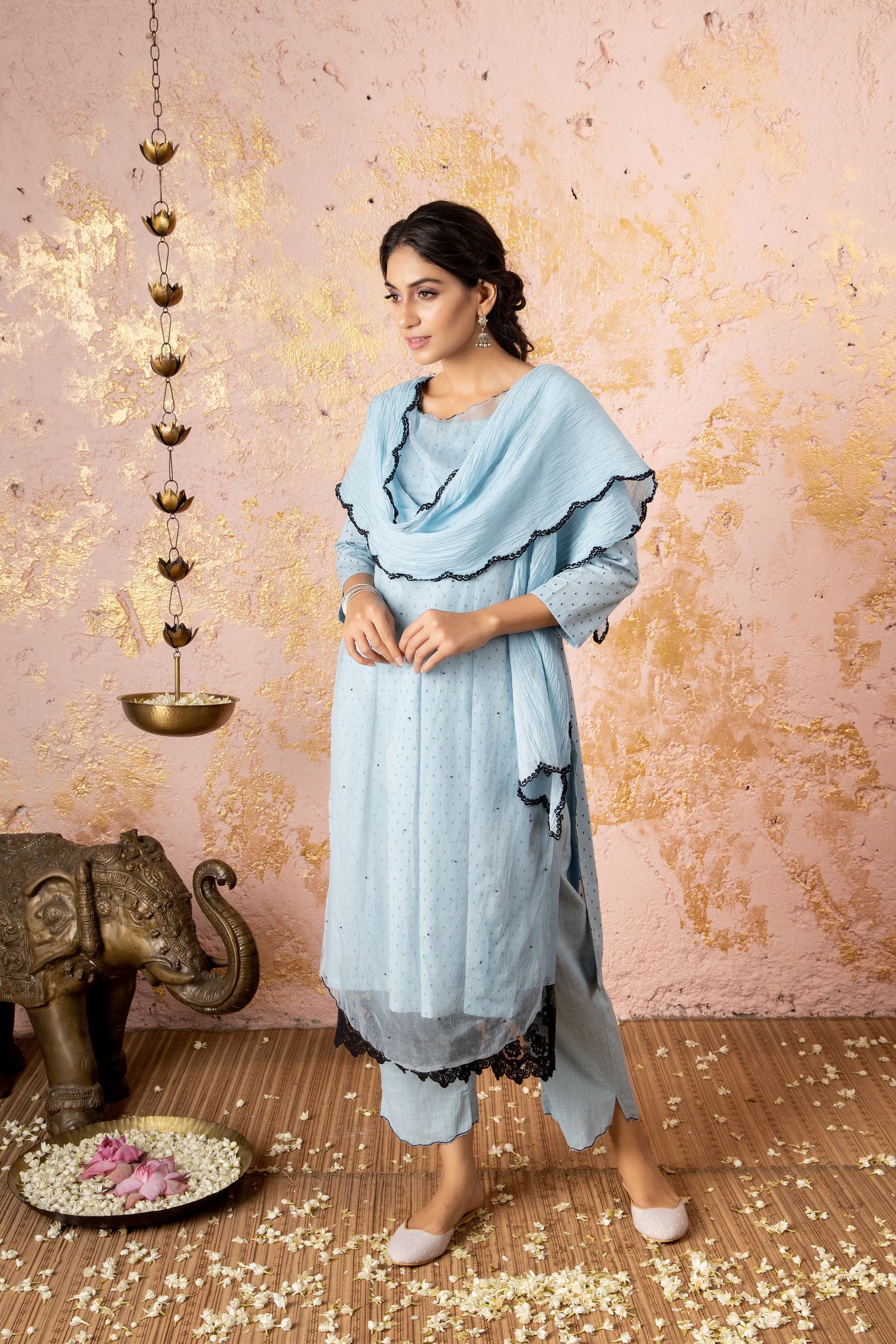 Blue Kurta With Straight Pants (Without Stole) - Naaz By Noor