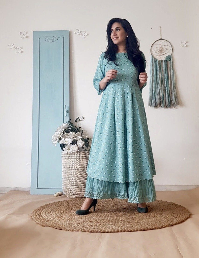 BLUE POPPY KURTA SET AND CRUSHED SHARARA WITH  DUPATTA - Naaz By Noor