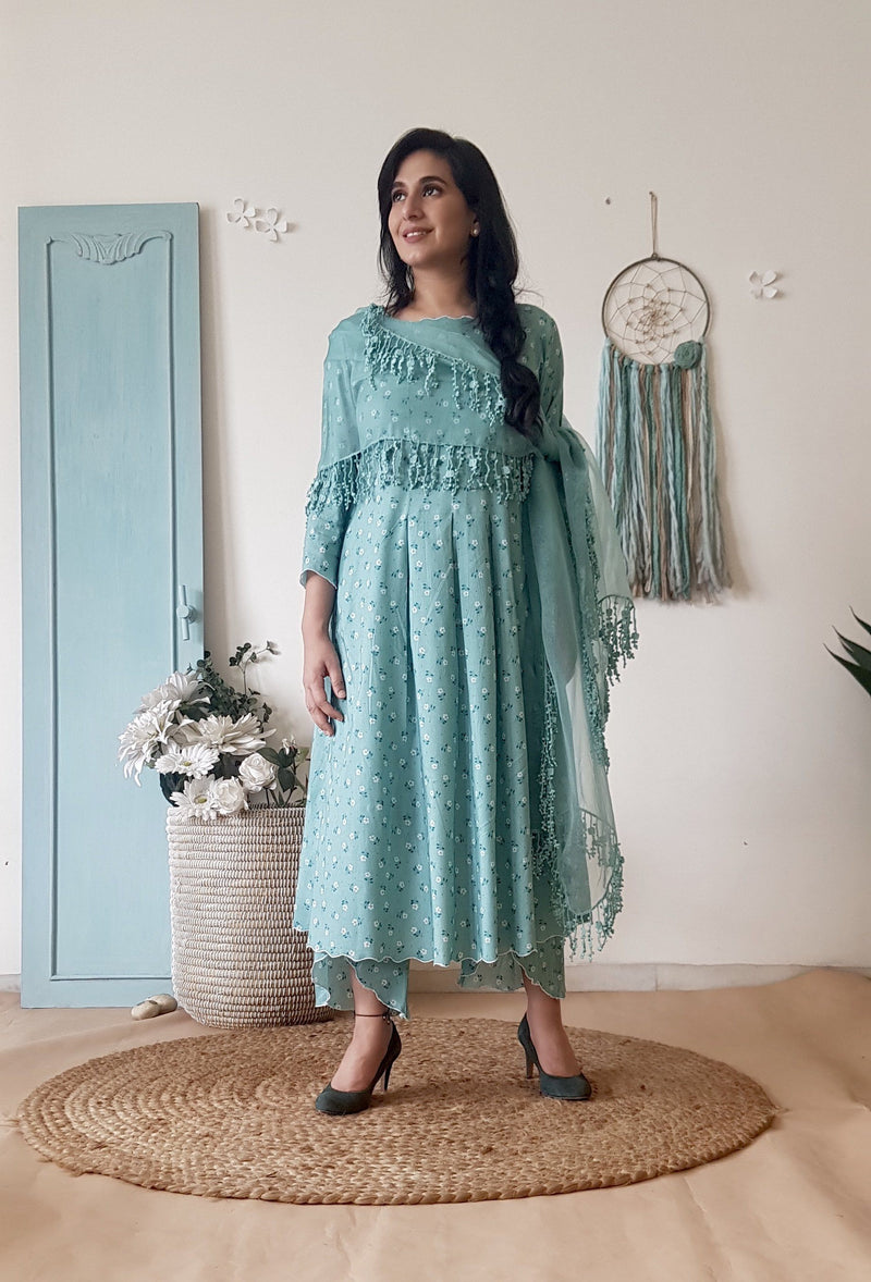 BLUE POPPY KURTA SET WITH DUPATTA - Naaz By Noor