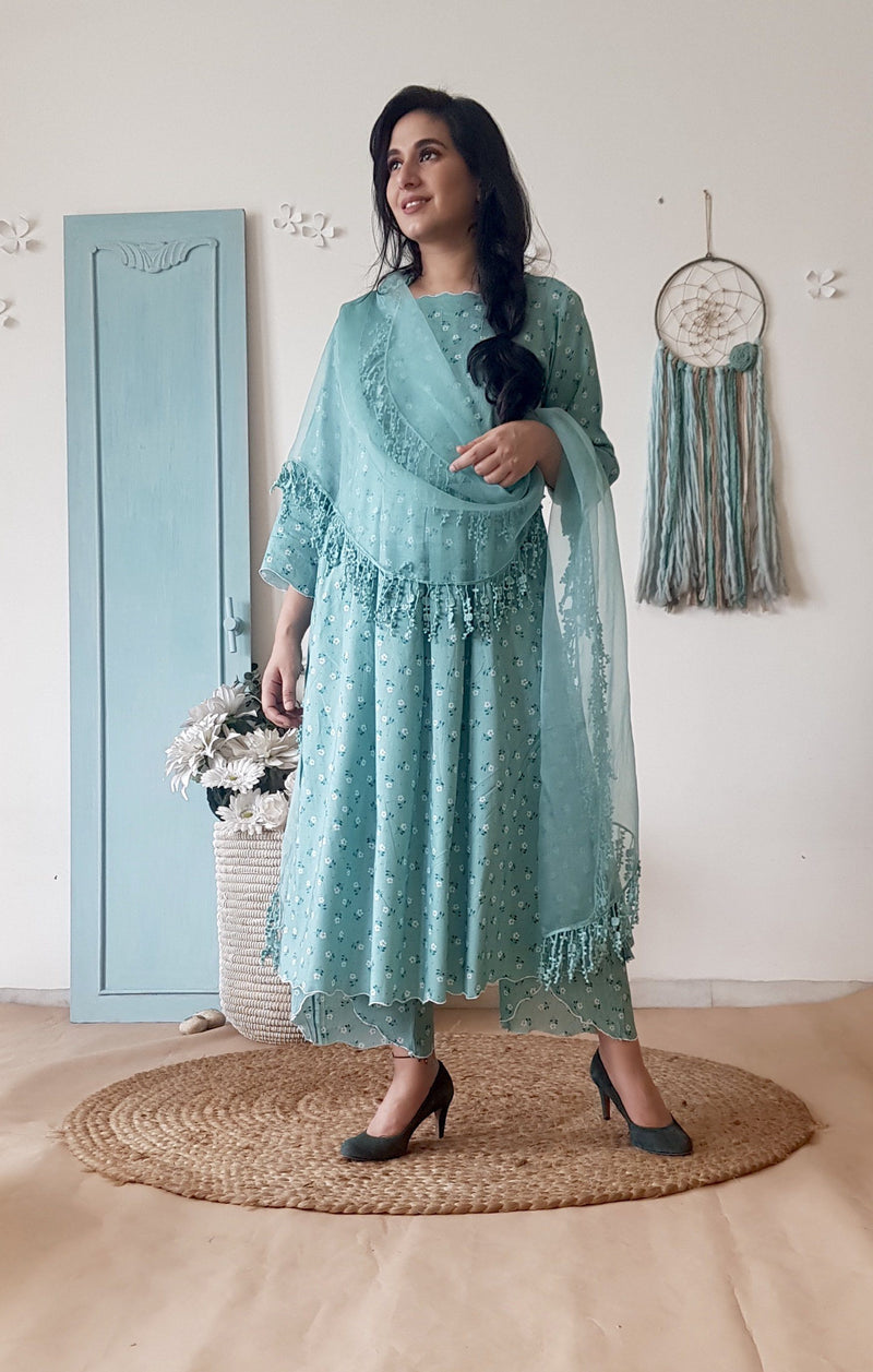 BLUE POPPY KURTA SET WITH DUPATTA - Naaz By Noor