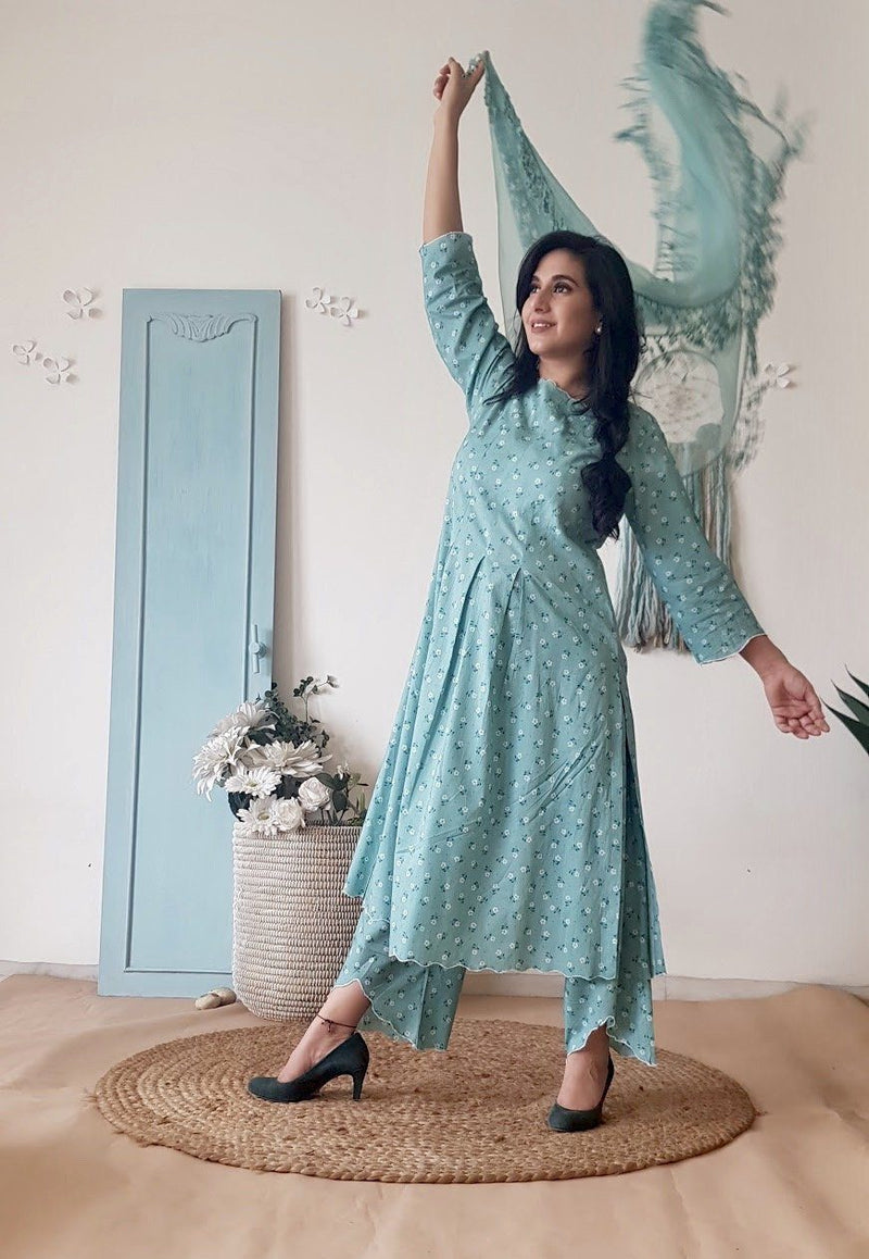 BLUE POPPY KURTA SET WITH DUPATTA - Naaz By Noor