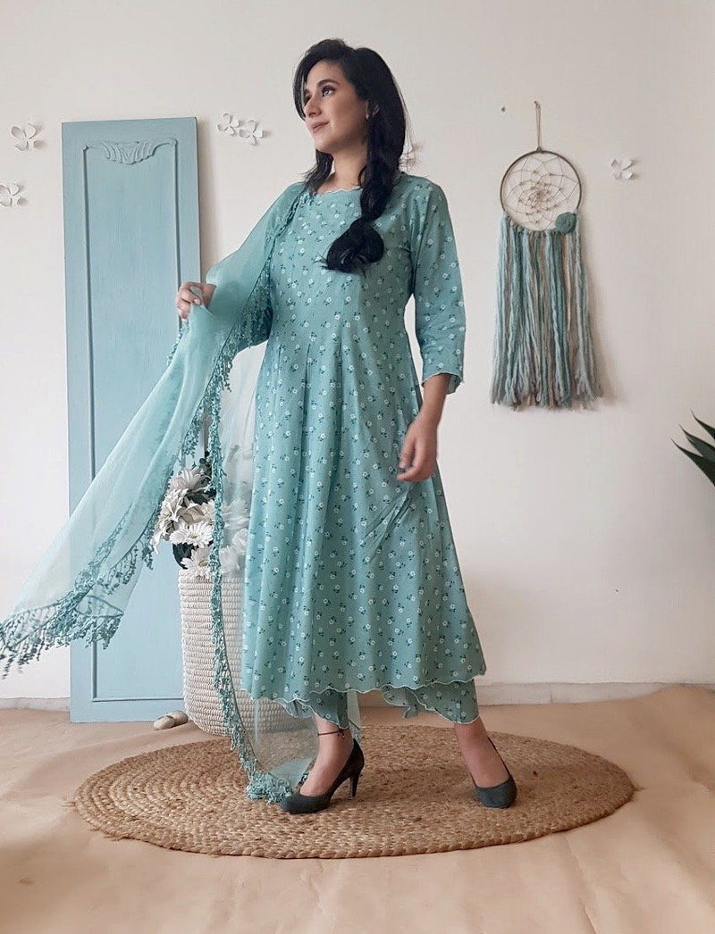 BLUE POPPY KURTA SET WITH DUPATTA - Naaz By Noor