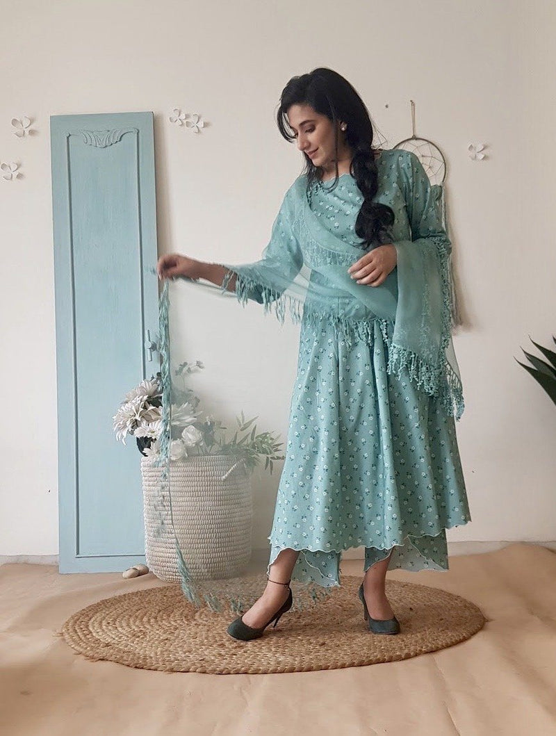 BLUE POPPY KURTA SET WITH DUPATTA - Naaz By Noor