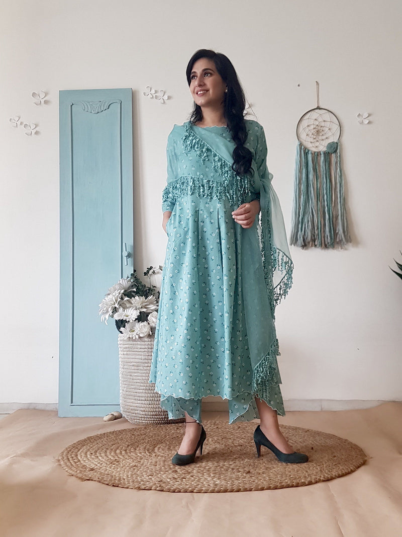 BLUE POPPY KURTA SET WITH DUPATTA - Naaz By Noor