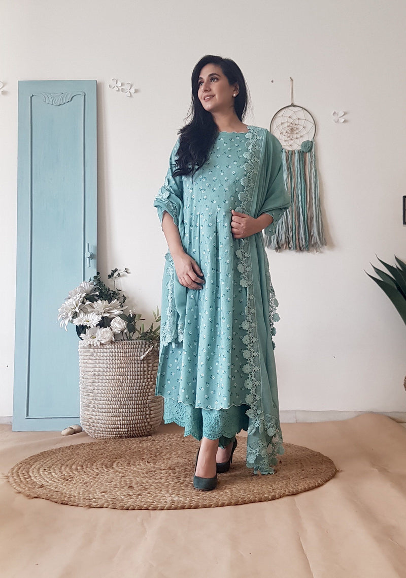 BLUE POPPY KURTA WITH COTTON DUPATTA - Naaz By Noor