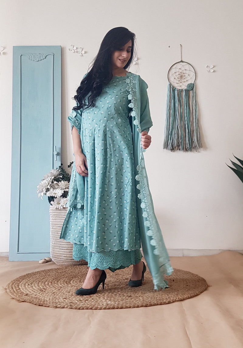 BLUE POPPY KURTA WITH COTTON DUPATTA - Naaz By Noor