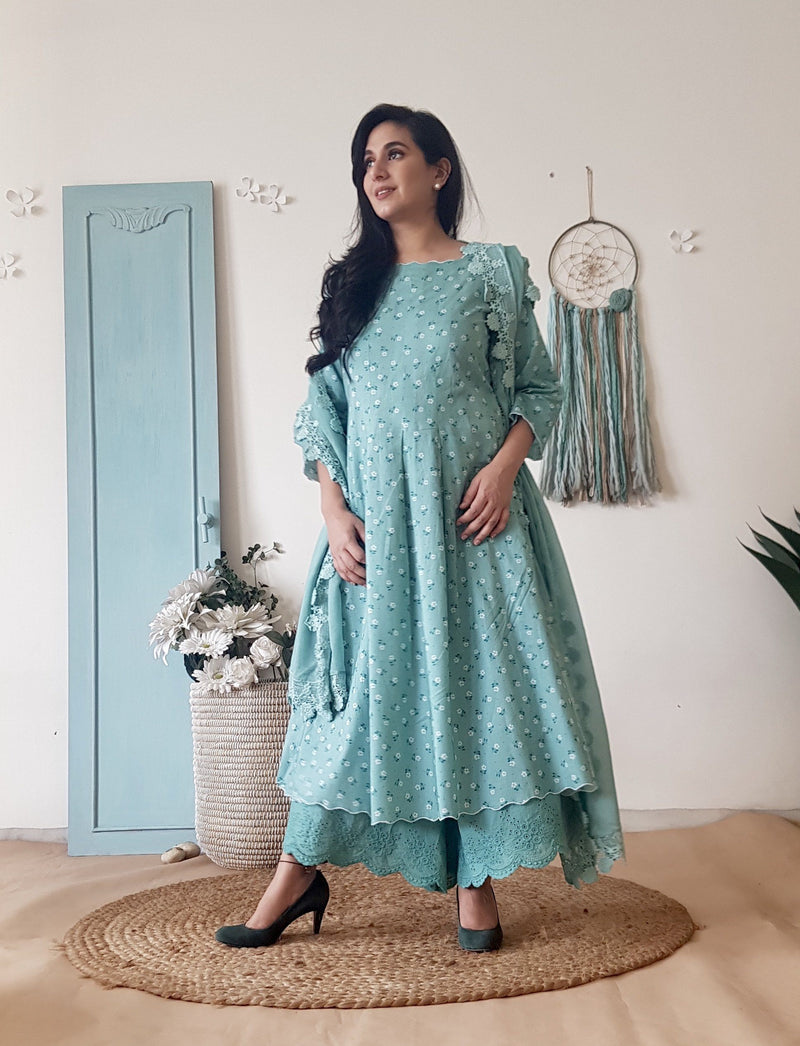 BLUE POPPY KURTA WITH COTTON DUPATTA - Naaz By Noor
