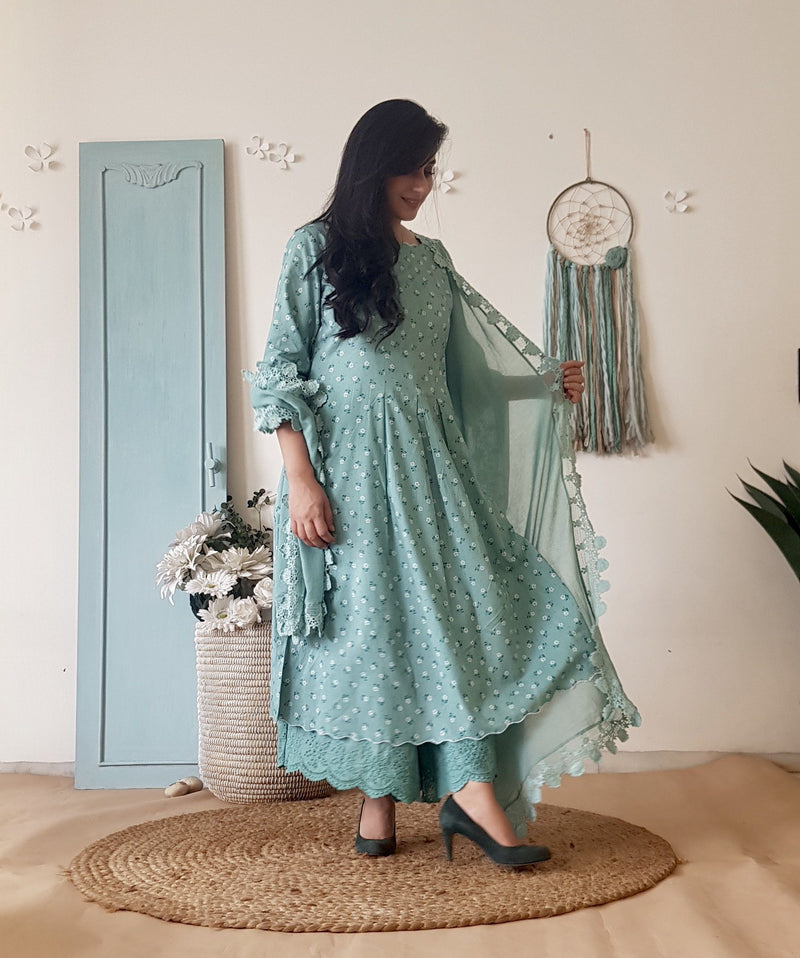 BLUE POPPY KURTA WITH COTTON DUPATTA - Naaz By Noor